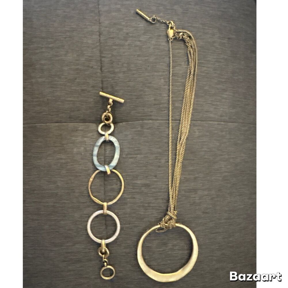 Vintage Kenneth Cole Reaction Brushed Gold Necklace & Link Bracelet Set